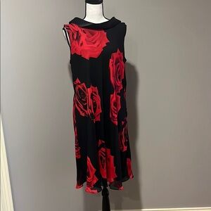 SLNY Black and Red Cowl Neck Sheath Midi Dress